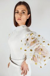 GO ON OUTFIT Kadın Puantiyeli Tül Kol Detay Triko Abiye Elbise - 3