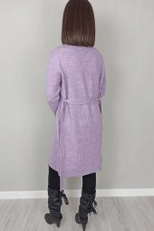 GO ON OUTFIT Kadın Lila Rengi Uzun Kol Bel Kuşak Detaylı Triko Hırka - 4