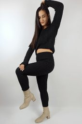 GO ON OUTFIT Kadın Siyah Örgü Detaylı Triko Alt-Üst Takım GOON113 - 5