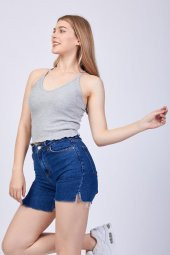 Kadın Gri Askılı Sırt Detaylı Crop Bluz GOON35 - 4