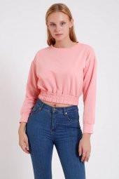 Tozlu Pembe Beli Büzgülü Crop Penye Sweatshirt - Pembe Sweatshirt - 1