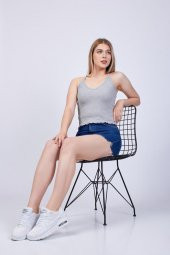 Kadın Gri Askılı Sırt Detaylı Crop Bluz GOON35 - 5