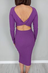 GO ON OUTFIT Kadın Mor Sırt Dekolteli Triko Elbise - 5