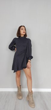 GO ON OUTFIT Kadın Antrasit Yandan Büzgülü Balon Kol Kloş Elbise GOON143 - 3