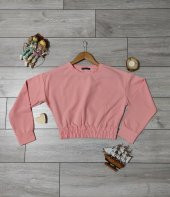 Tozlu Pembe Beli Büzgülü Crop Penye Sweatshirt - Pembe Sweatshirt - 2