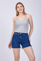 Kadın Gri Askılı Sırt Detaylı Crop Bluz GOON35 - 6