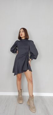 GO ON OUTFIT Kadın Antrasit Yandan Büzgülü Balon Kol Kloş Elbise GOON143 - 4