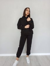 GO ON OUTFIT Kadın Kanguru Cepli Kapşonlu Siyah Sweatshirt - 6