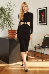 GO ON OUTFIT Kadın Bel Halka Detaylı Siyah Triko Standart Elbise GOON115 - 6