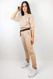 GO ON OUTFIT Kadın Pudra Rengi Bel Çantalı Paçası Lastikli Eşofman Takımı - 1