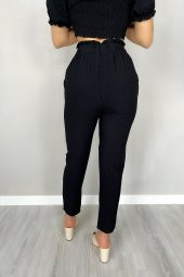 GO ON OUTFIT Kadın  Arka Gipeli Kayık Yaka Crop Üst Ve Beli Büzgülü Pantolon Siyah Takım GOON77 - 5