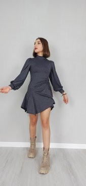 GO ON OUTFIT Kadın Antrasit Yandan Büzgülü Balon Kol Kloş Elbise GOON143 - 5