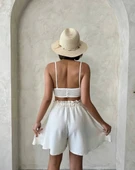 Volanlı keten şort bej s255058 thumbnail 2