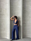 Crop pantolon keten takım s255012 thumbnail 2