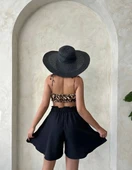Volanlı keten şort siyah s255058 thumbnail 4