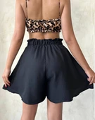 Volanlı keten şort siyah s255058 thumbnail 2