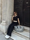 Crop pantolon biyeli takım siyah thumbnail 3