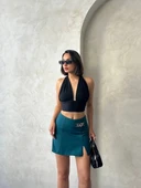 Zincirli şort etek petrol yeşili s24676 thumbnail 7