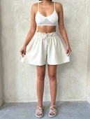 Volanlı keten şort bej s255058 thumbnail 1