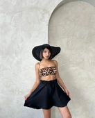 Volanlı keten şort siyah s255058 thumbnail 3