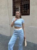 Crop pantolon biyeli takım mavi thumbnail 5