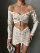 Büzgülü etek bluz takım bej s24709 thumbnail 2