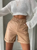 Beli lastikli duble paça deri şort bej w24755 thumbnail 5