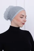 Loggia Fırfırlı Önden Dikişli Penye Bone - Kadın Tesettür Bağlamalı Topuz İç Bone-Açık Gri thumbnail 1