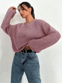 Salaş delik detaylı kazak pembe thumbnail 1