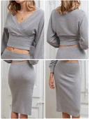 Kruvaze şardonlu etekli takım gri thumbnail 5