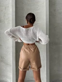 Beli lastikli duble paça deri şort bej w24755 thumbnail 2