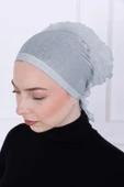 Loggia Fırfırlı Önden Dikişli Penye Bone - Kadın Tesettür Bağlamalı Topuz İç Bone-Açık Gri thumbnail 6