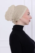 Loggia Fırfırlı Önden Dikişli Penye Bone - Kadın Tesettür Bağlamalı Topuz İç Bone-Krem thumbnail 5