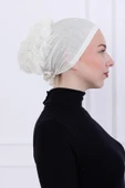 Loggia Fırfırlı Önden Dikişli Penye Bone - Kadın Tesettür Bağlamalı Topuz İç Bone-Ekru - Kırık Beyaz thumbnail 5