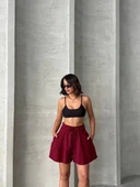 Volanlı keten şort bordo s255058 thumbnail 4