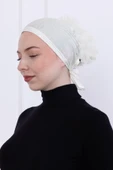 Loggia Fırfırlı Önden Dikişli Penye Bone - Kadın Tesettür Bağlamalı Topuz İç Bone-Ekru - Kırık Beyaz thumbnail 2