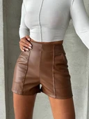 Parçalı cepli deri şort taba w26312 thumbnail 6