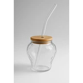 Çilek Model Borosilikat Cam Bardak, Bambu Kapaklı, 400 ml, Pipet Hediyeli thumbnail 2