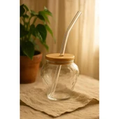 Çilek Model Borosilikat Cam Bardak, Bambu Kapaklı, 400 ml, Pipet Hediyeli thumbnail 1