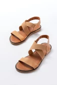 205-04 Bej Tek Bantlı Lastikli Hakiki Deri Ortopedik Taban Kadın Sandalet thumbnail 5