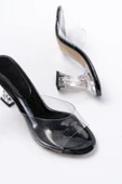 S-619 Siyah Rugan Şeffaf Bantlı Şeffaf Topuklu Yuvarlak Burunlu Kadın Terlik thumbnail 4