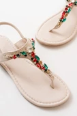 152-1110 Bej Multi Taşlı Parmak Arası Kadın Sandalet thumbnail 5