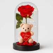 LED Işıklı Mika Fanus İçinde Gül ve Lüx Peluş Ayıcık – 20 cm Sevgiliye Hediye thumbnail 2