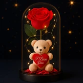 LED Işıklı Mika Fanus İçinde Gül ve Lüx Peluş Ayıcık – 20 cm Sevgiliye Hediye thumbnail 4