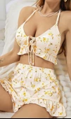 Kadın Çiçekli Ekru Askılı Şortlu Pijama Takım 5017 - 2