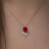​925 Ayar Gümüş Kırmızı Gül Kadın Gümüş Kolye thumbnail 3