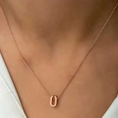 925 Ayar Gümüş Rose 3 Boyutlu Ü Harf Kadın Gümüş Kolye thumbnail 2