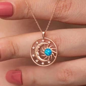 Gümüş Rose Opal Mavi Taşlı Ay Güneş Kadın Kolye thumbnail 1