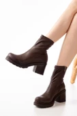 767-3012 Streç Kahve Fermuarlı Kalın Topuklu Günlük Kadın Bot - 3