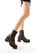 767-3012 Streç Kahve Fermuarlı Kalın Topuklu Günlük Kadın Bot - 4